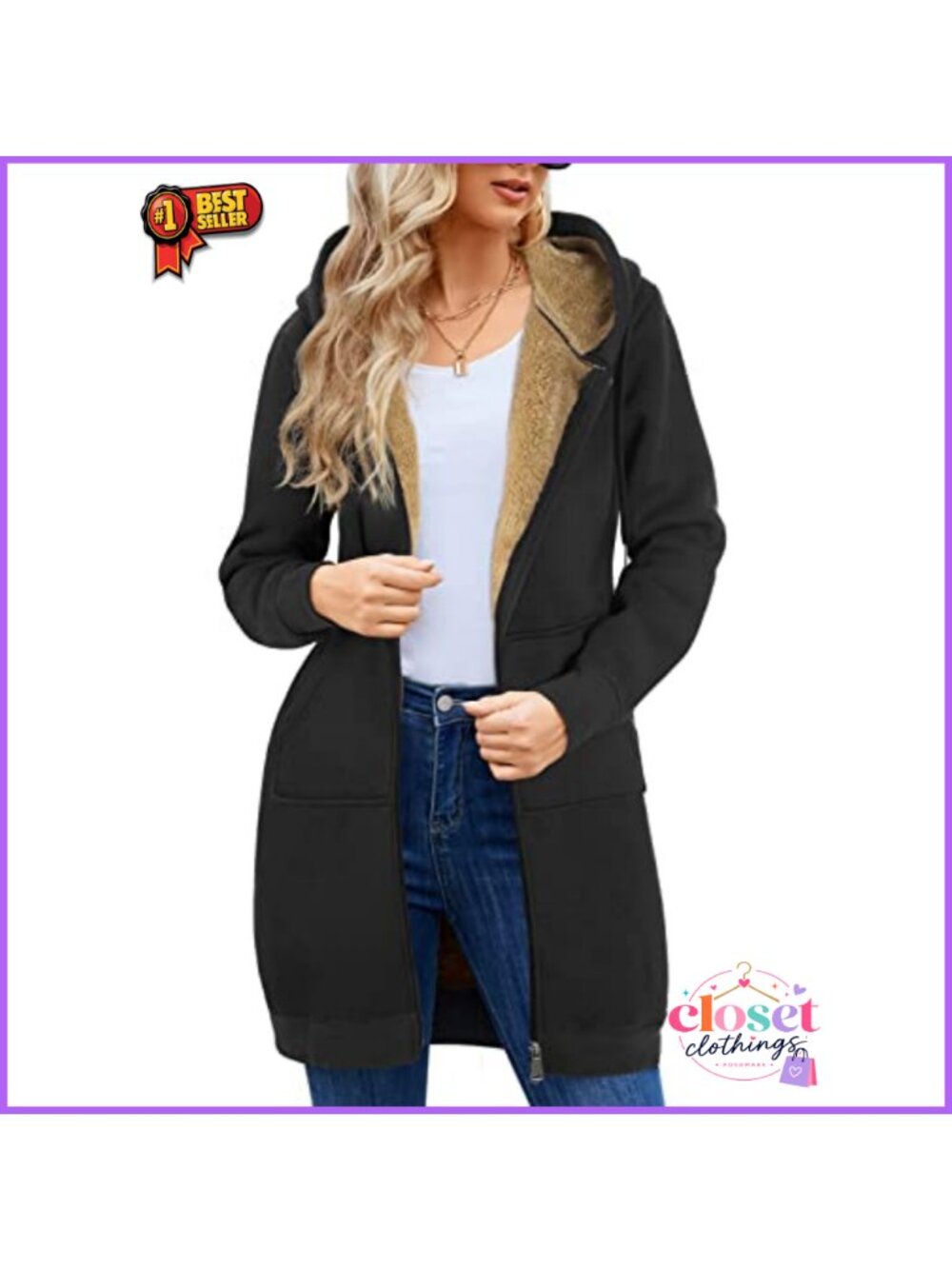 Women's Zip Up Hoodie Tunic Knee-Length Fleece Lined Casual Jacket